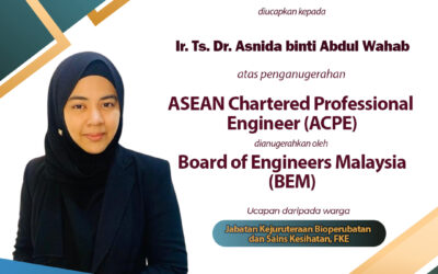 Tahniah diucapkan kepada Ir. Ts. Dr. Asnida binti Abdul Wahab atas penganugerahan ASEAN Chartered Professional Engineer (ACPE) dari BEM